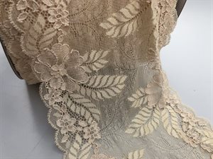 Blondekant - bred, lækker, elastisk i nude med smukke blade, ca 15 cm